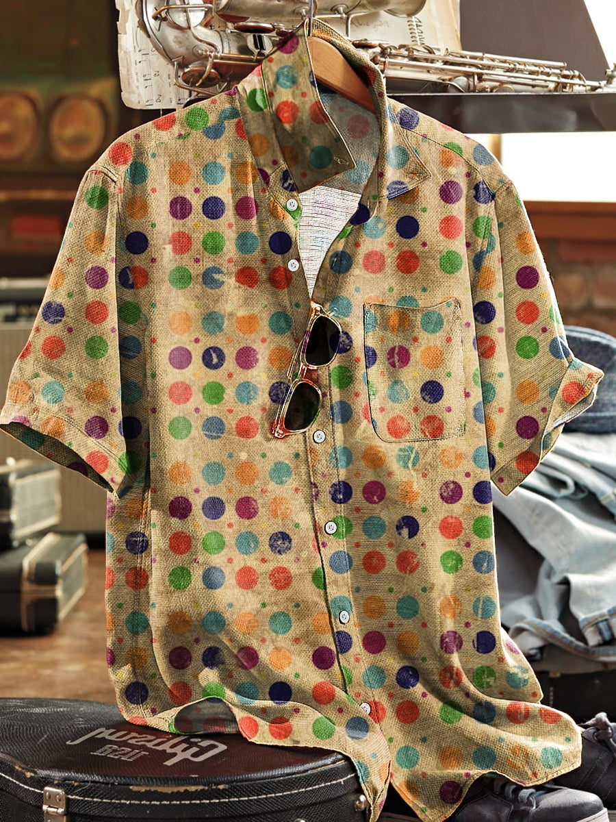 Men's Vintage Rainbow Color Polka Dot Art Print Short Sleeve Pocket Shirt