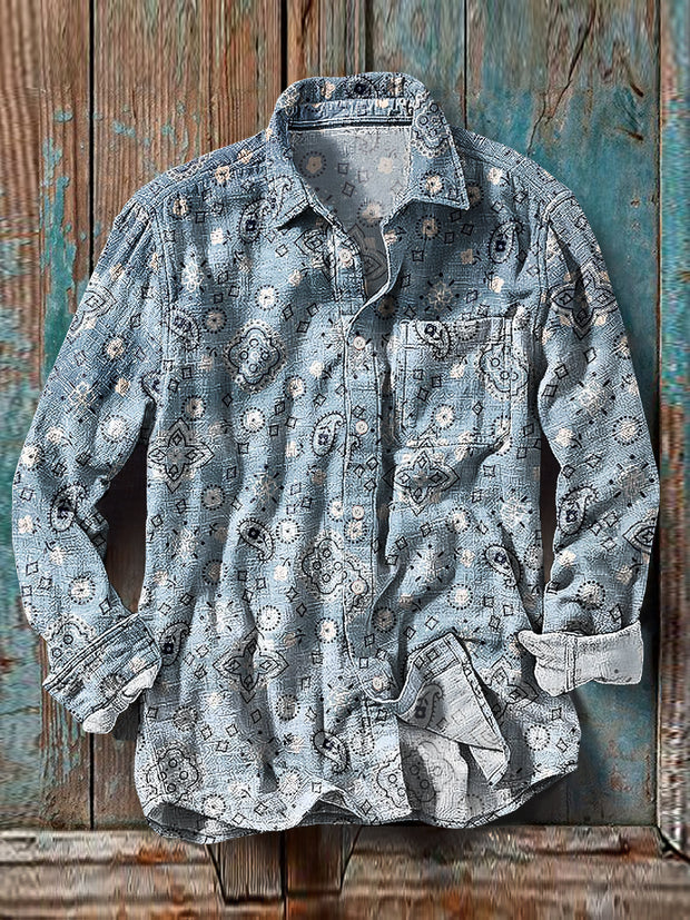 Men's Vintage Gradient Geometric Pattern Cotton Linen Long Sleeve Pocket Shirt