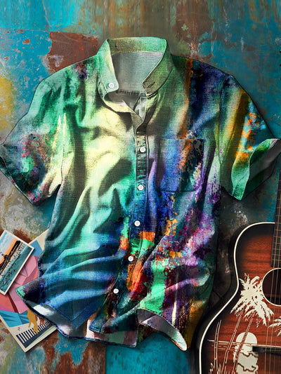 Men's Vintage Abstract Multicolor Gradient Pattern Stand Collar Pocket Shirt