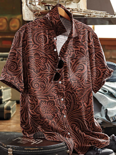 Men's Vintage Western Floral Art Print Short Sleeve Pocket Shirt