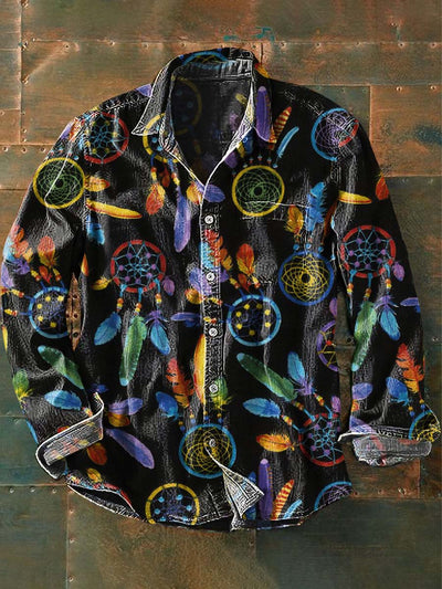 Men's Vintage Tribal Dreamcatcher Print Casual Lapel Long Sleeve Shirt