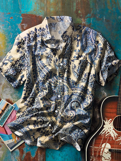 Men's Vintage Abstract Paisley Pattern Stand Collar Pocket Shirt