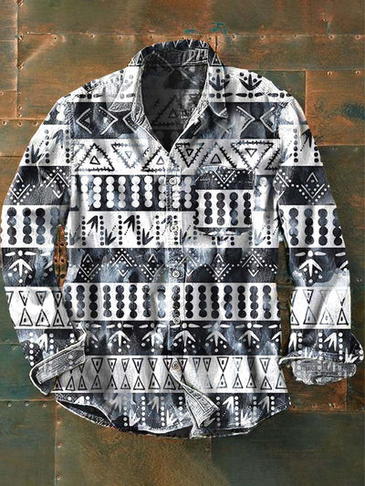 Men's Western Print Casual Lapel Long Sleeve Shirt