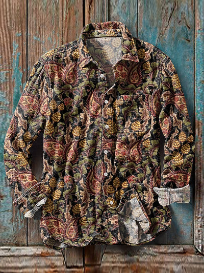 Men's Vintage Paisley Floral Art Print Cotton Linen Long Sleeve Pocket Shirt