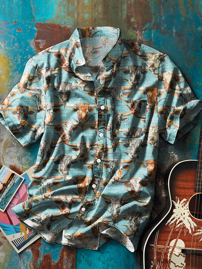 Men's Vintage Colorful Animal Cow Head Pattern Stand Collar Pocket Shirt