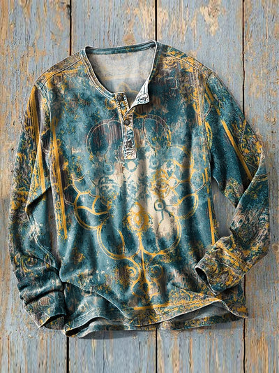 Men's Vintage Abstract Ethnic Geometric Art Print Long Sleeve Henley Shirt