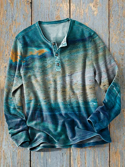 Men's Vintage Abstract Gradient Textured Art Print Long Sleeve Henley Shirt