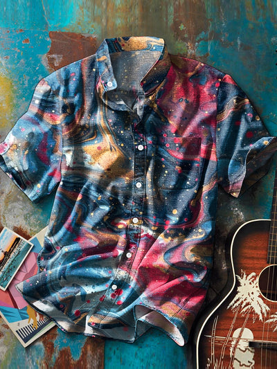 Men's Vintage Multicolor Abstract Textured Pattern Stand Collar Pocket Shirt
