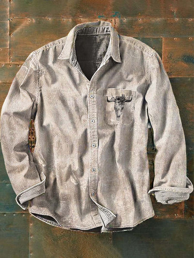 Men's Western Beef Bone Print Casual Lapel Long Sleeve Shirt