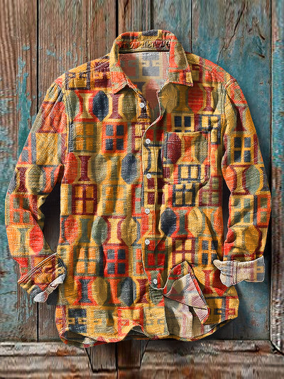 Men's Vintage Multicolor Irregular Pattern Cotton Linen Long Sleeve Pocket Shirt