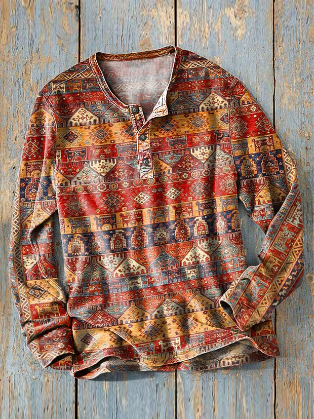 Men's Vintage Ethnic Multicolor Striped Art Print Long Sleeve Henley Shirt
