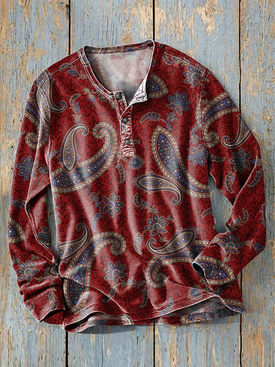 Men's Vintage Paisley Floral Art Print Long Sleeve Henley Shirt