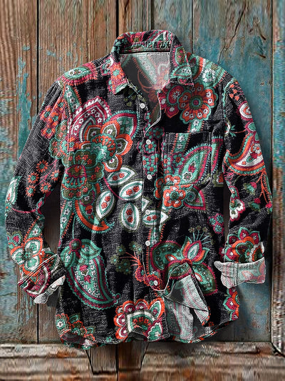 Men's Vintage Ethnic Floral Pattern Cotton Linen Long Sleeve Pocket Shirt