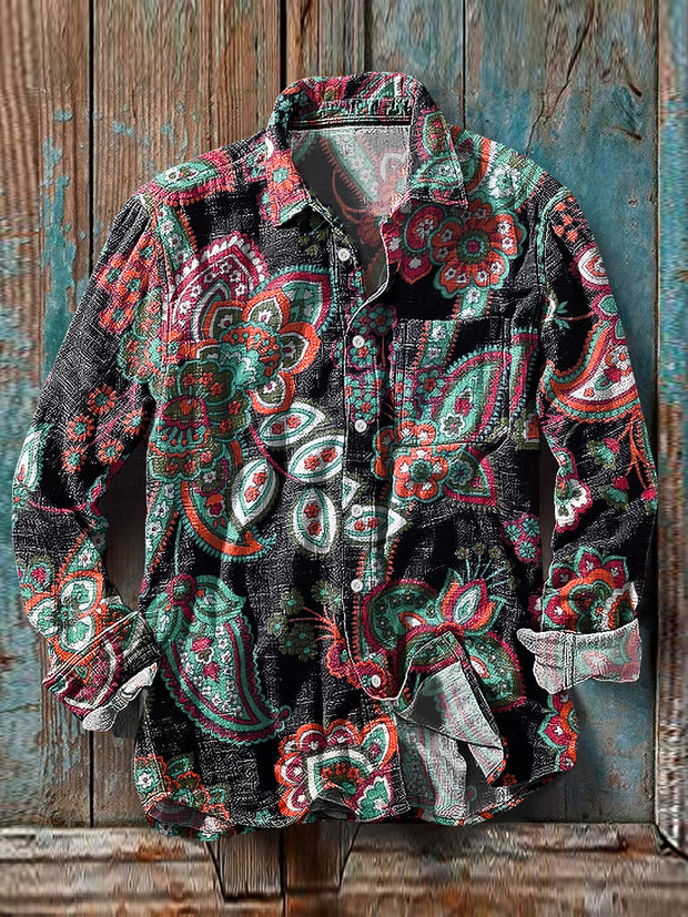 Men's Vintage Ethnic Floral Pattern Cotton Linen Long Sleeve Pocket Shirt