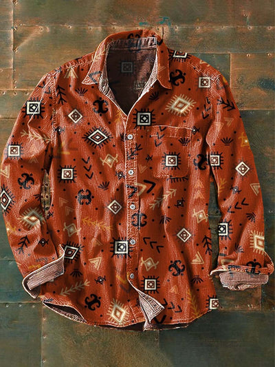 Men's Vintage Western Pattern Print Casual Lapel Long Sleeve Shirt