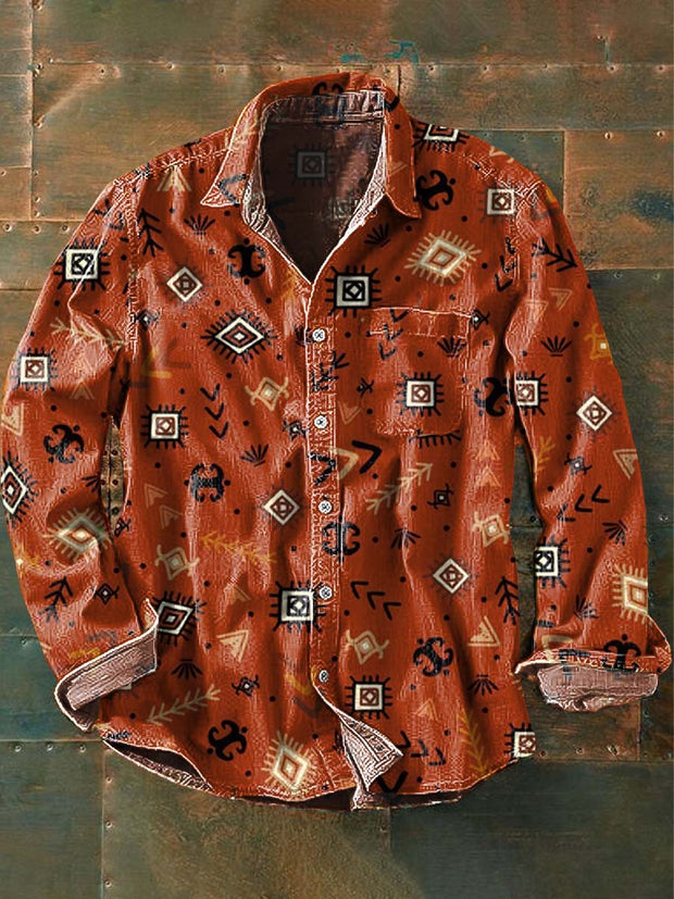 Men's Vintage Western Pattern Print Casual Lapel Long Sleeve Shirt