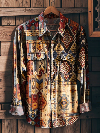 Men's Vintage Ethnic Geometric Art Print Workwear Pocket Shirt