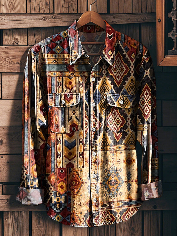 Men's Vintage Ethnic Geometric Art Print Workwear Pocket Shirt