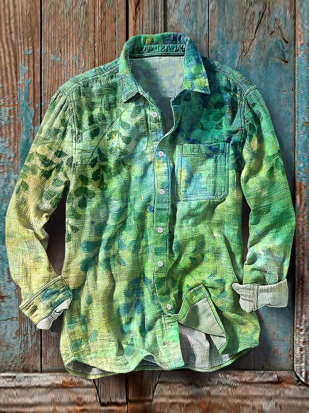 Men's Vintage Gradient Abstract Leaf Pattern Cotton Linen Long Sleeve Pocket Shirt