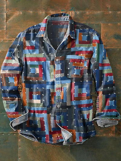 Men's Vintage Multicolor Plaid Line Art Print Long Sleeve Pocket Shirt