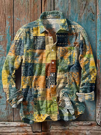 Men's Vintage Abstract Multicolor Plaid Pattern Cotton Linen Long Sleeve Pocket Shirt
