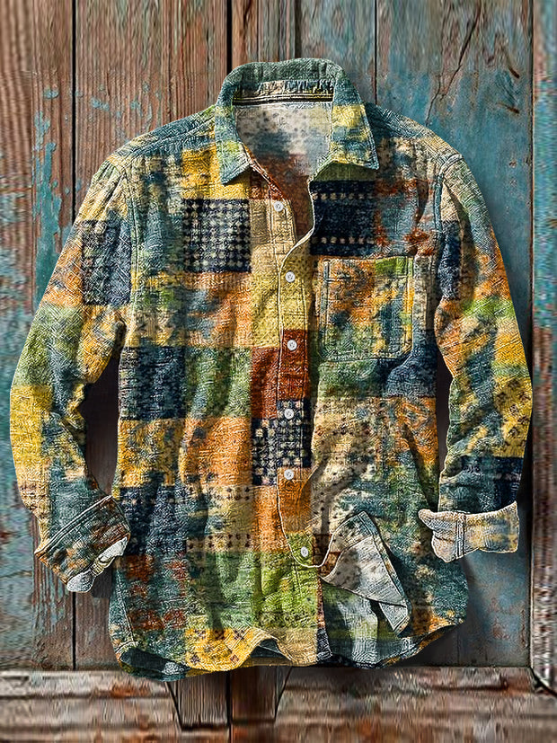 Men's Vintage Abstract Multicolor Plaid Pattern Cotton Linen Long Sleeve Pocket Shirt
