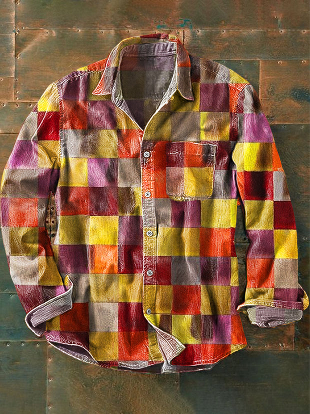 Men's Vintage Trompe l'oeil Plaid Art Print Long Sleeve Pocket Shirt
