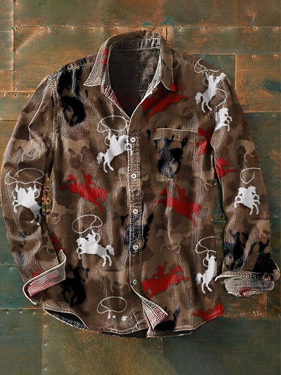 Men's Western Horse Print Casual Lapel Long Sleeve Shirt