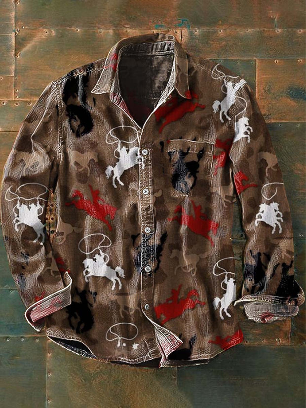 Men's Western Horse Print Casual Lapel Long Sleeve Shirt