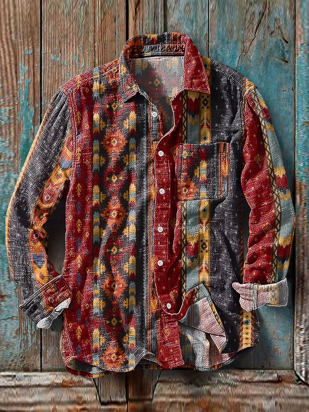 Men's Vintage Ethnic Striped Pattern Cotton Linen Long Sleeve Pocket Shirt