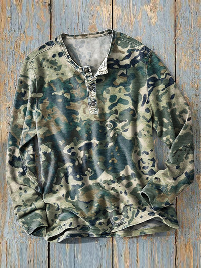Men's Vintage Abstract Camouflage Art Print Long Sleeve Henley Shirt
