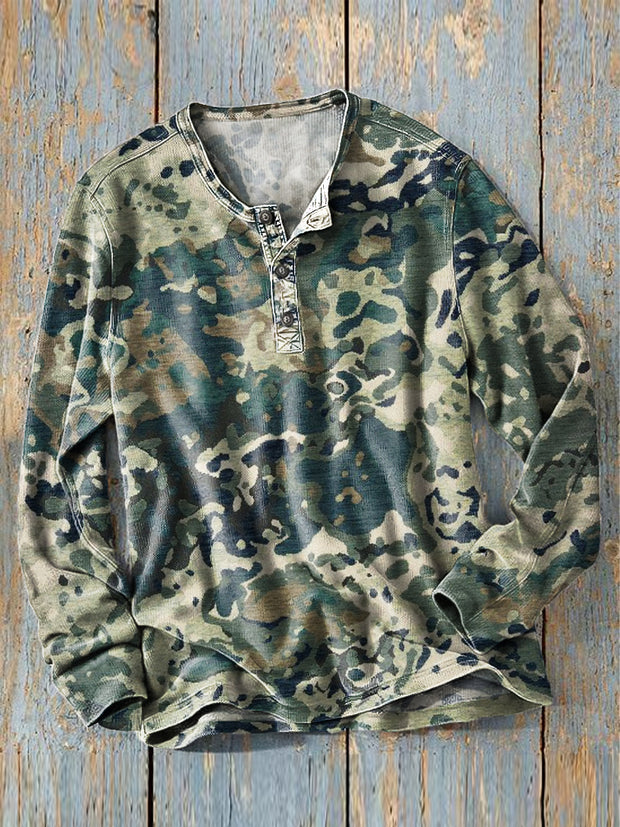 Men's Vintage Abstract Camouflage Art Print Long Sleeve Henley Shirt