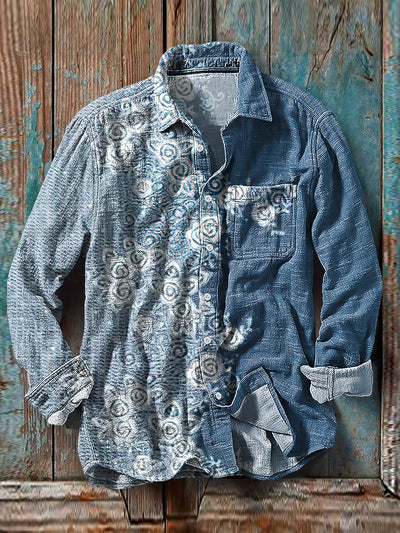 Men's Vintage Line Patchwork Pattern Cotton Linen Long Sleeve Pocket Shirt