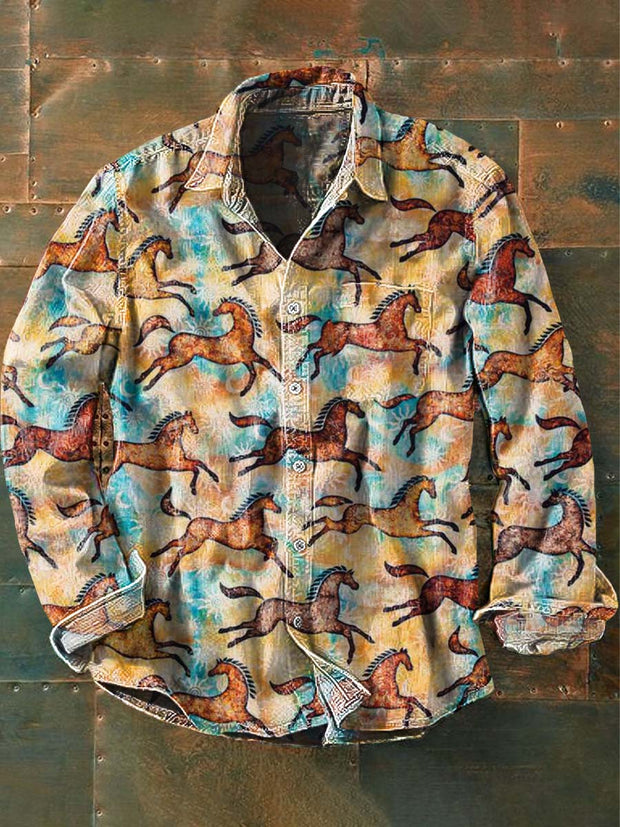 Men's Western Horse Print Casual Lapel Long Sleeve Shirt