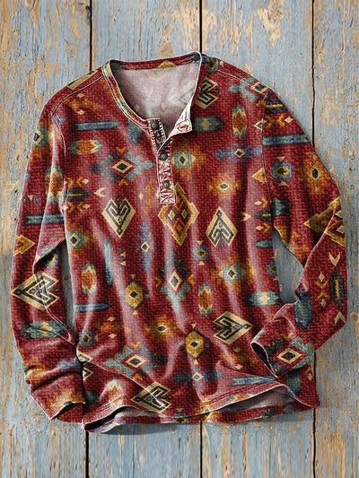 Men's Vintage Ethnic Geometric Art Print Long Sleeve Henley Shirt