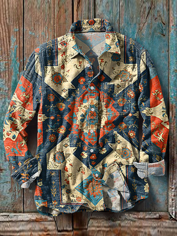 Men's Vintage Multicolor Geometric Floral Pattern Cotton Linen Pocket Shirt
