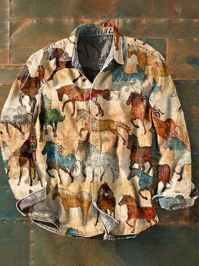Men's Western Horse Print Casual Lapel Long Sleeve Shirt