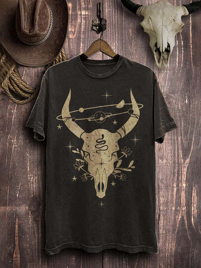 Western Beef Bone Print Casual Cotton T-Shirt