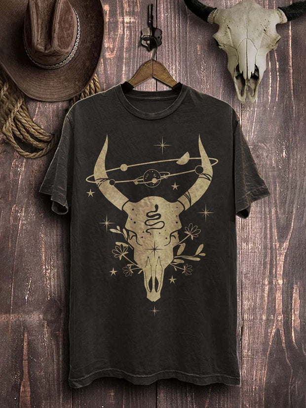 Western Beef Bone Print Casual Cotton T-Shirt