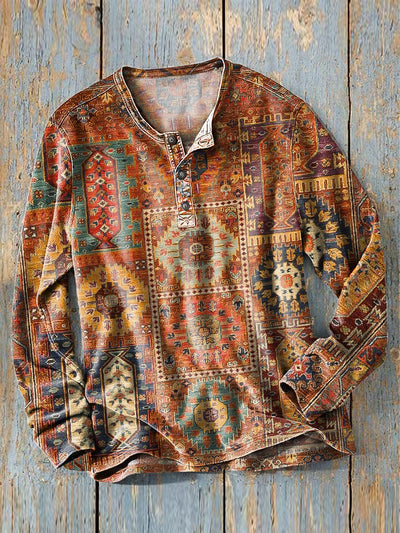 Men's Vintage Multicolor Ethnic Geometric Art Print Long Sleeve Henley Shirt