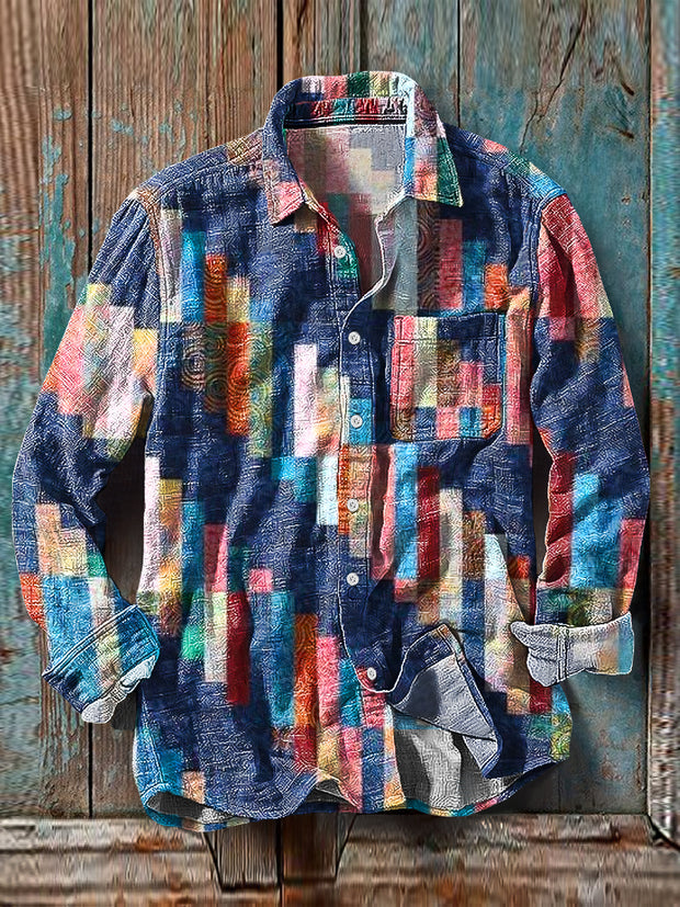 Men's Vintage Multicolor Line Irregular Pattern Cotton Linen Long Sleeve Pocket Shirt