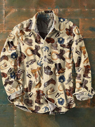 Men's Western Harness Print Casual Lapel Long Sleeve Shirt