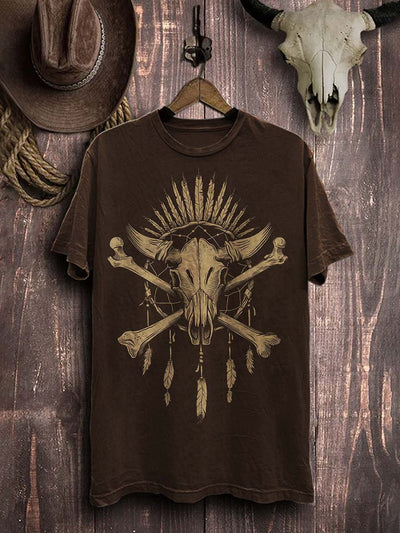 Western Beef Bone Print Casual Cotton T-Shirt