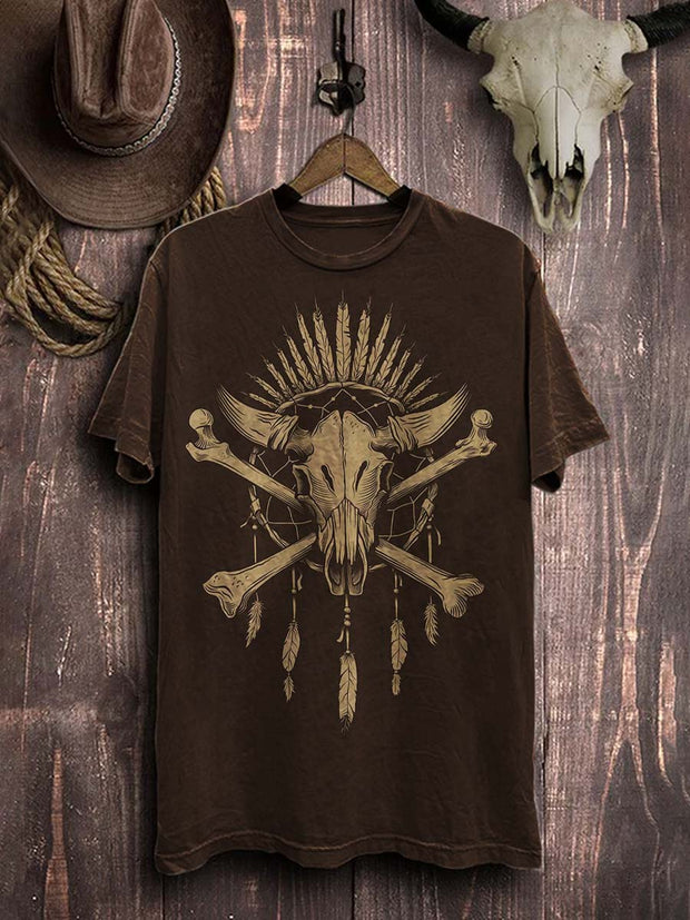 Western Beef Bone Print Casual Cotton T-Shirt