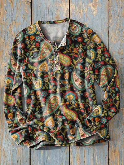 Men's Vintage Multicolor Paisley Floral Art Print Long Sleeve Henley Shirt