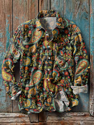 Men's Vintage Multicolor Paisley Floral Pattern Cotton Linen Long Sleeve Pocket Shirt