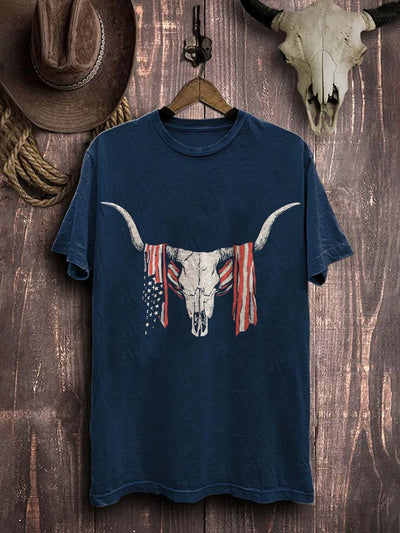Western Beef Bone Print Casual Cotton T-Shirt