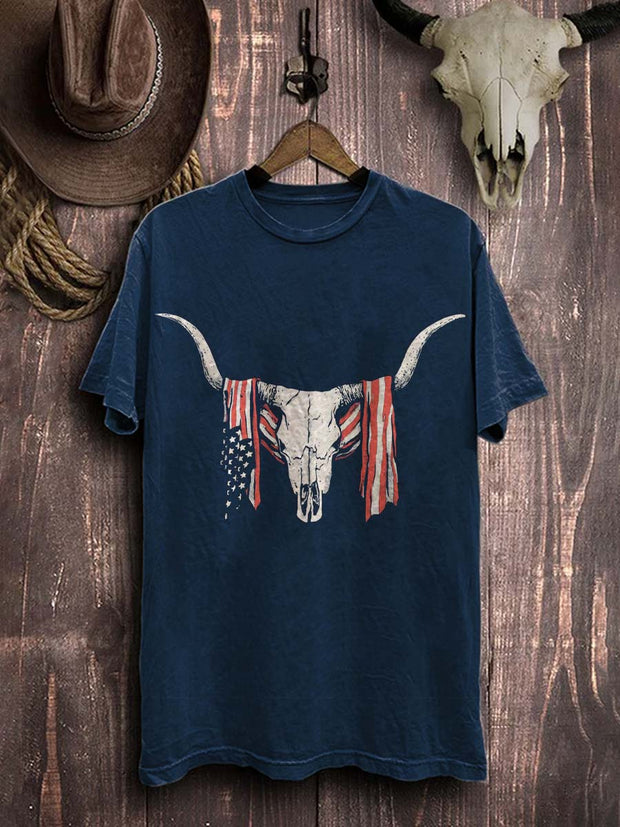 Western Beef Bone Print Casual Cotton T-Shirt