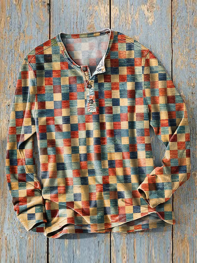 Men's Vintage Rainbow Color Plaid Art Print Long Sleeve Henley Shirt