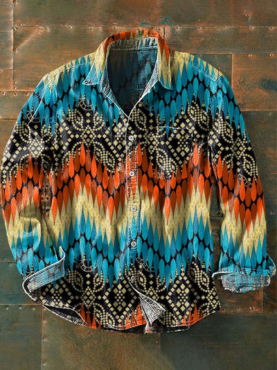 Men's Retro Ethnic Abstract Print Casual Lapel Long Sleeve Shirt